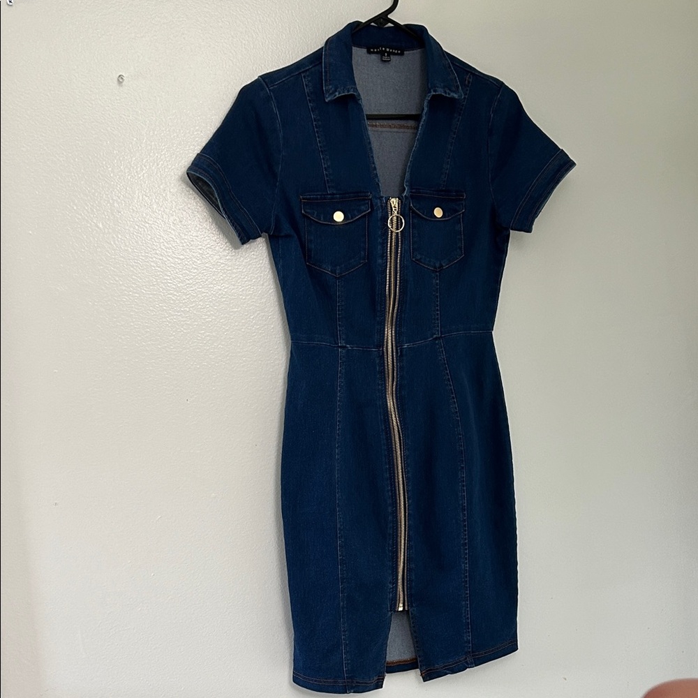 Haute Monde Navy Denim Zip-Up Dress